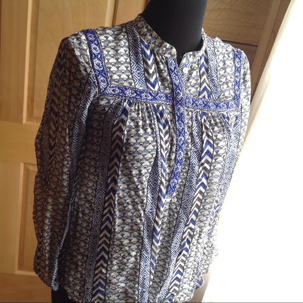 Lucky Brand Beaded Boho Babydoll Shirt Small Blue